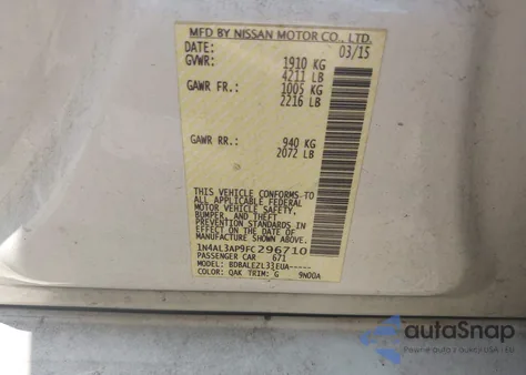 2015 Nissan Altima 2.5/2.5 S/2.5 Sl/2.5 Sv from USA, damaged, VIN 1N4AL3AP9FC296710